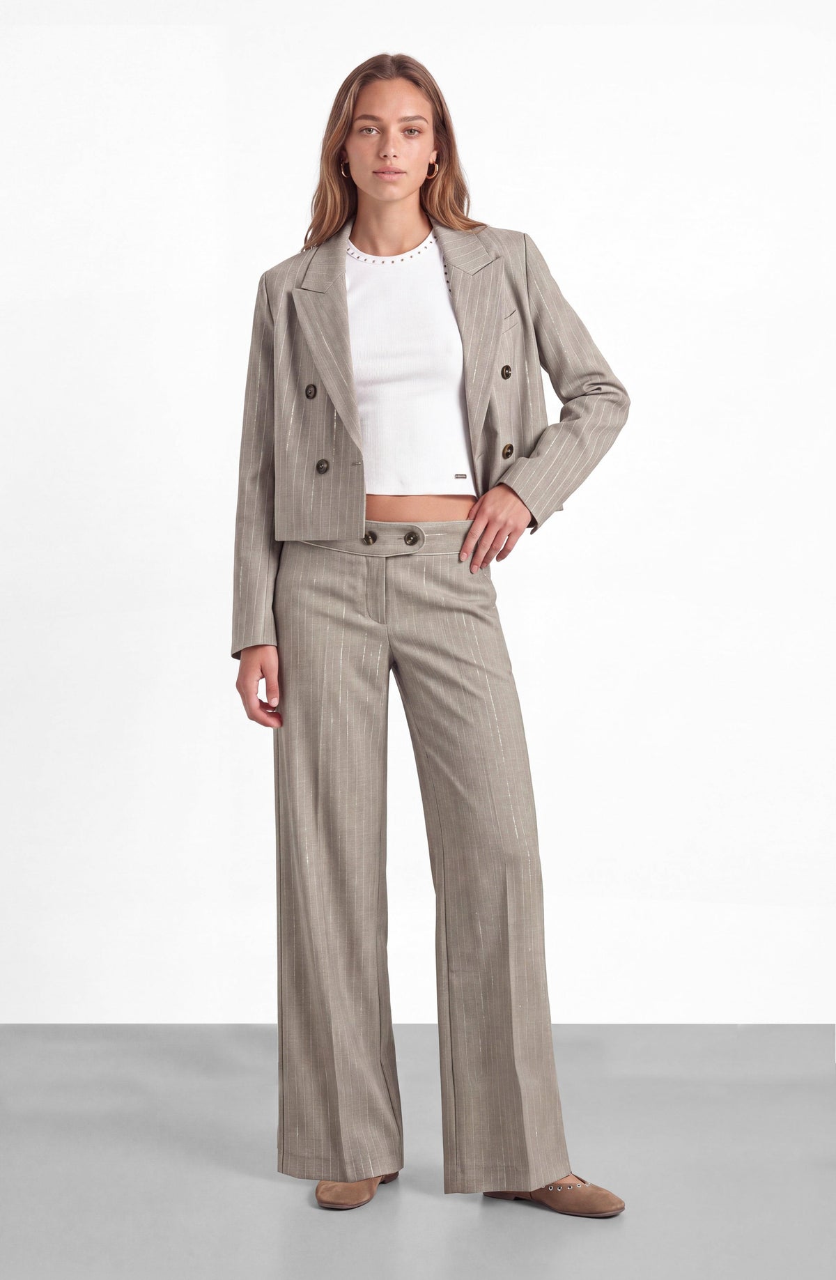 Cropped Beige Lurex Striped Blazer