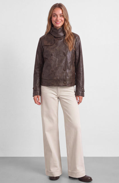 Brown Funnel Neck PU Jacket