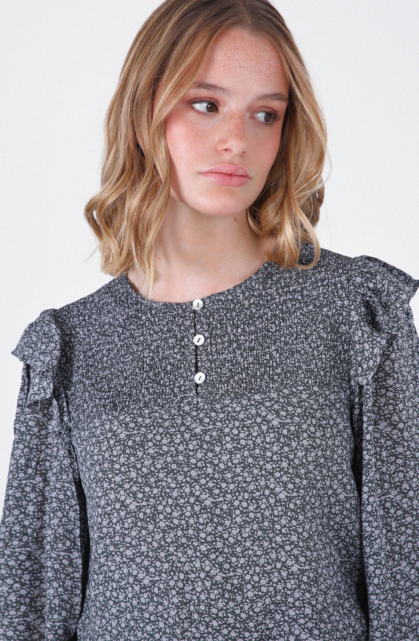 Grey Lurex Printed Flowy Blouse