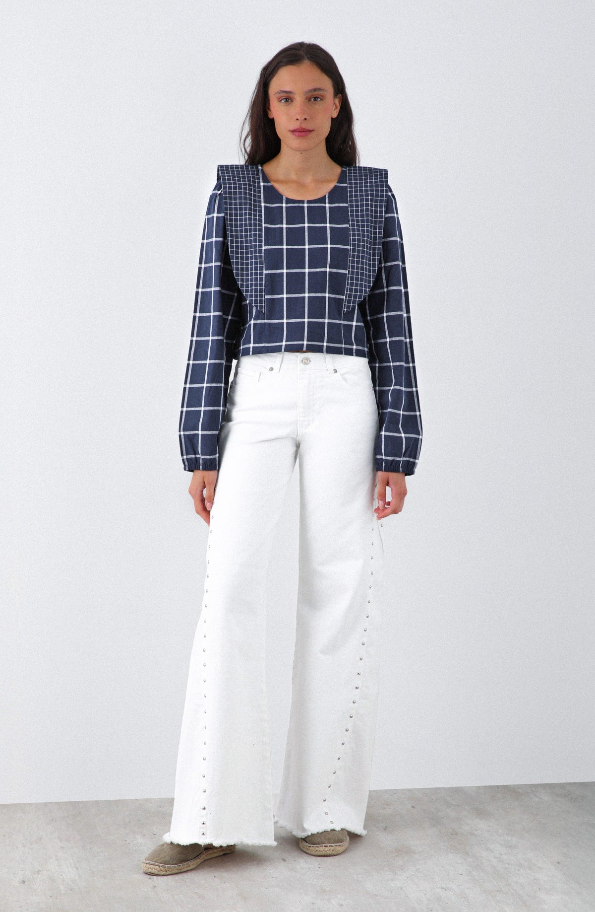 Blue Plaid Blouse with Ruffles