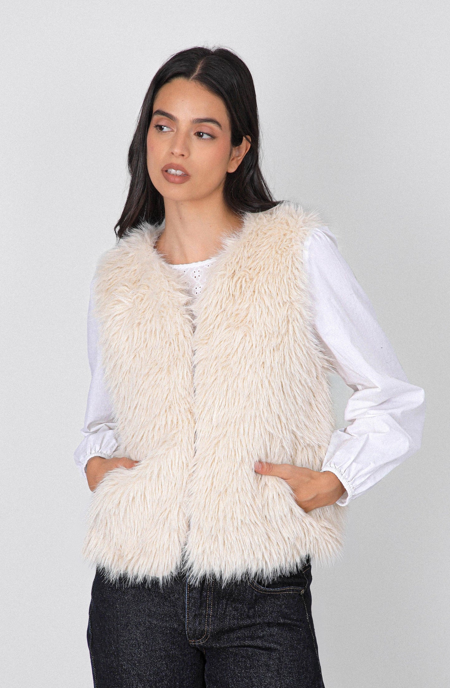 Sleeveless White Fur Jacket