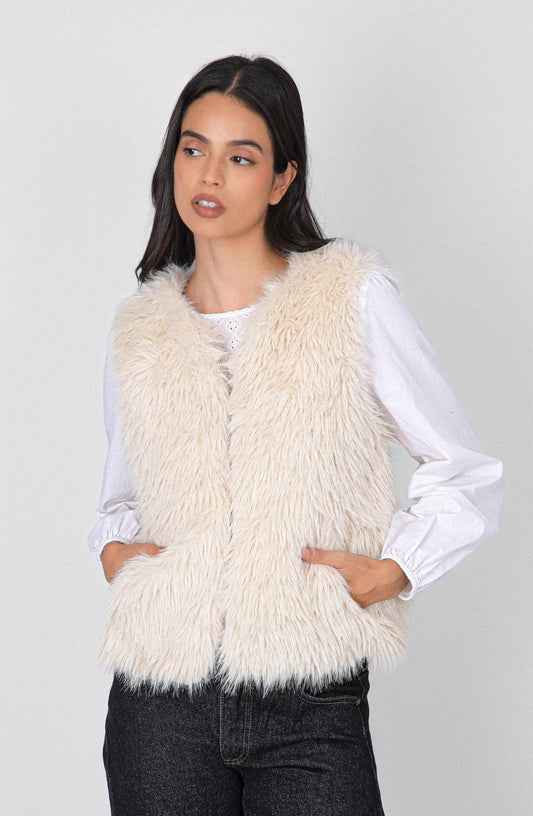 Sleeveless White Fur Jacket