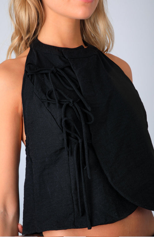 Black Linen Halter Top with Knots