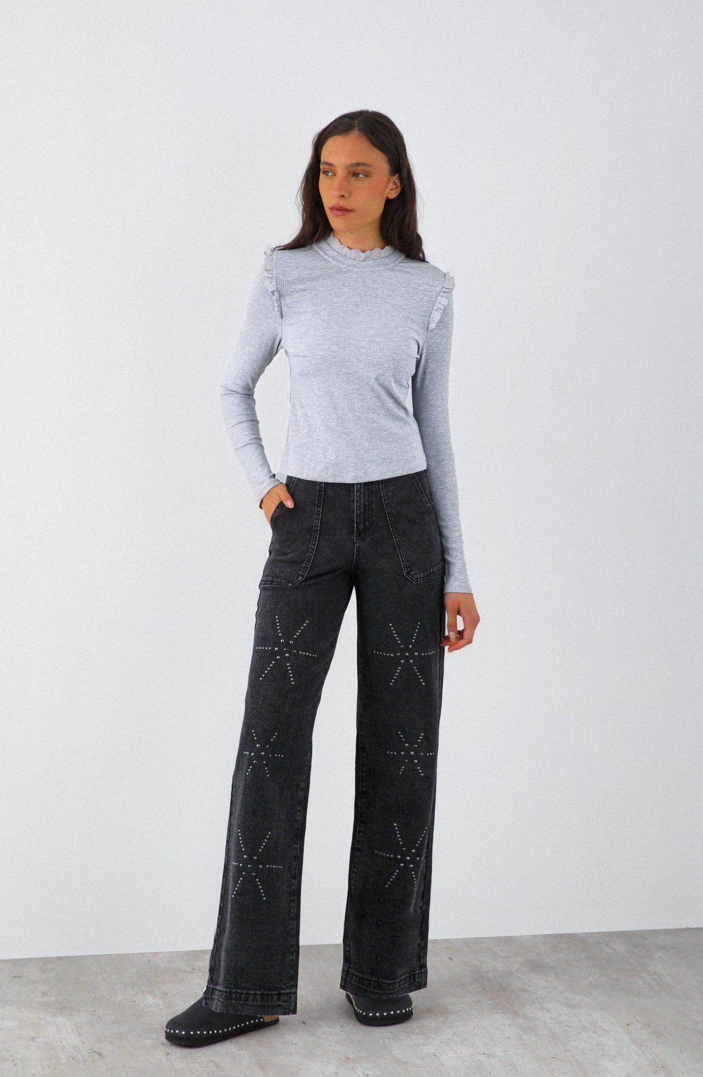 Gray Long Sleeve T-Shirt with Ruffles
