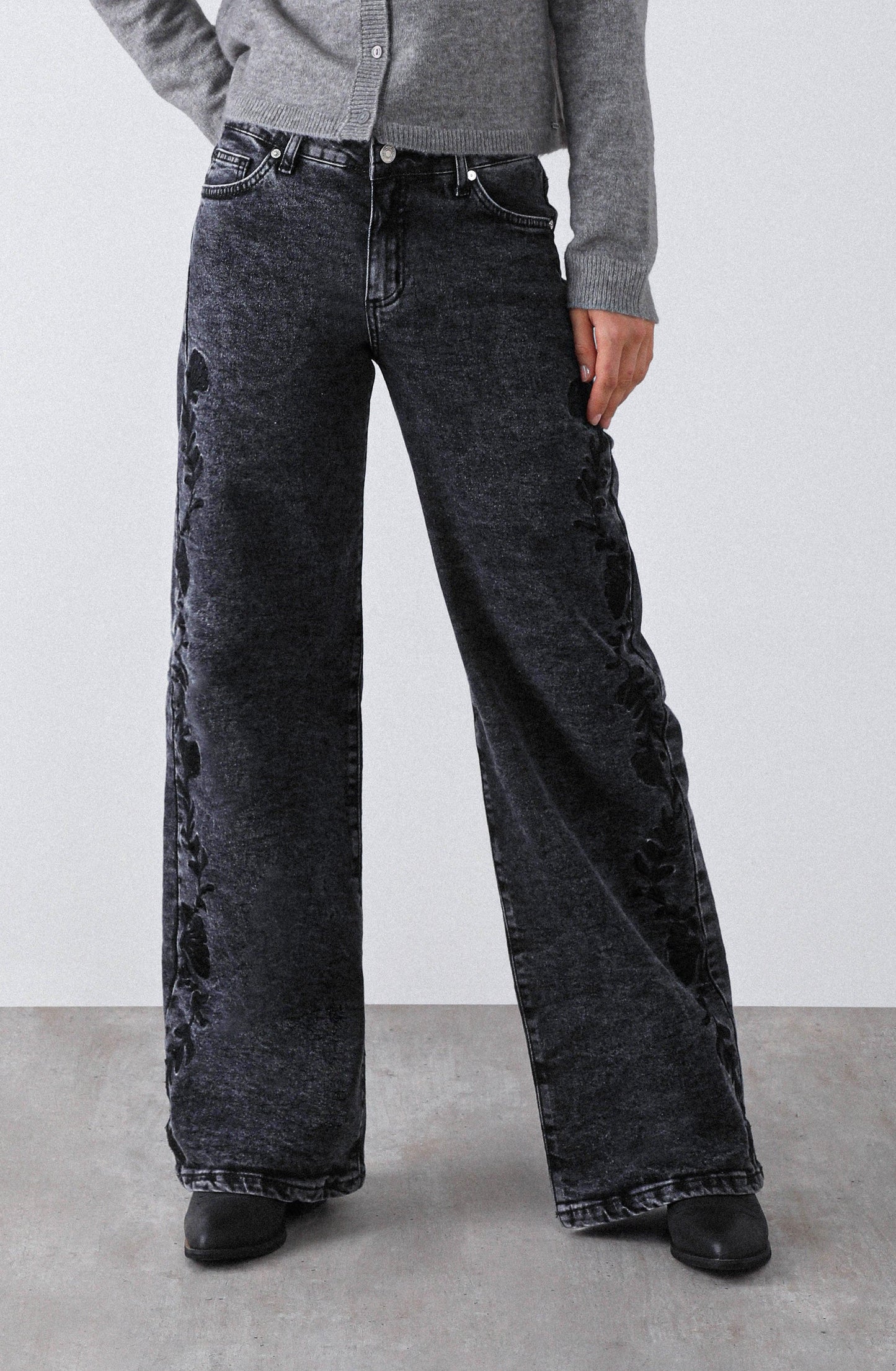 Grey Floral Embroidered Pants