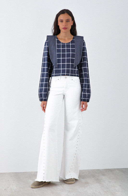 Blue Plaid Blouse with Ruffles
