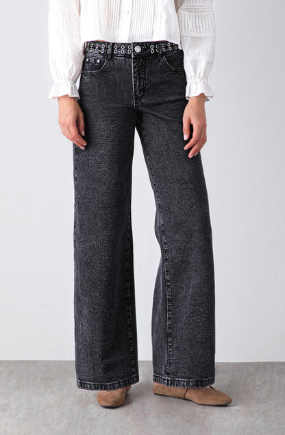 Wide Leg Pants with Eyelet Waistband Black