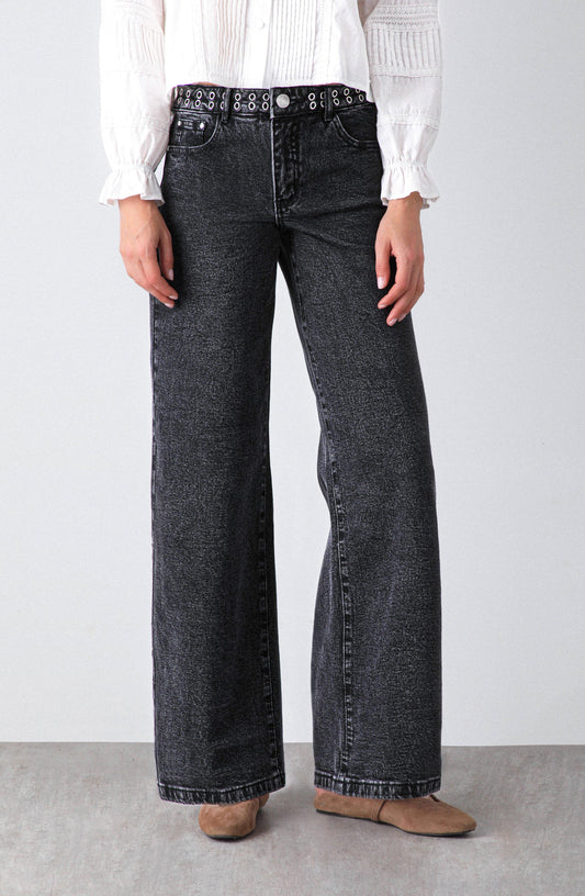 Wide Leg Pants with Eyelet Waistband Black