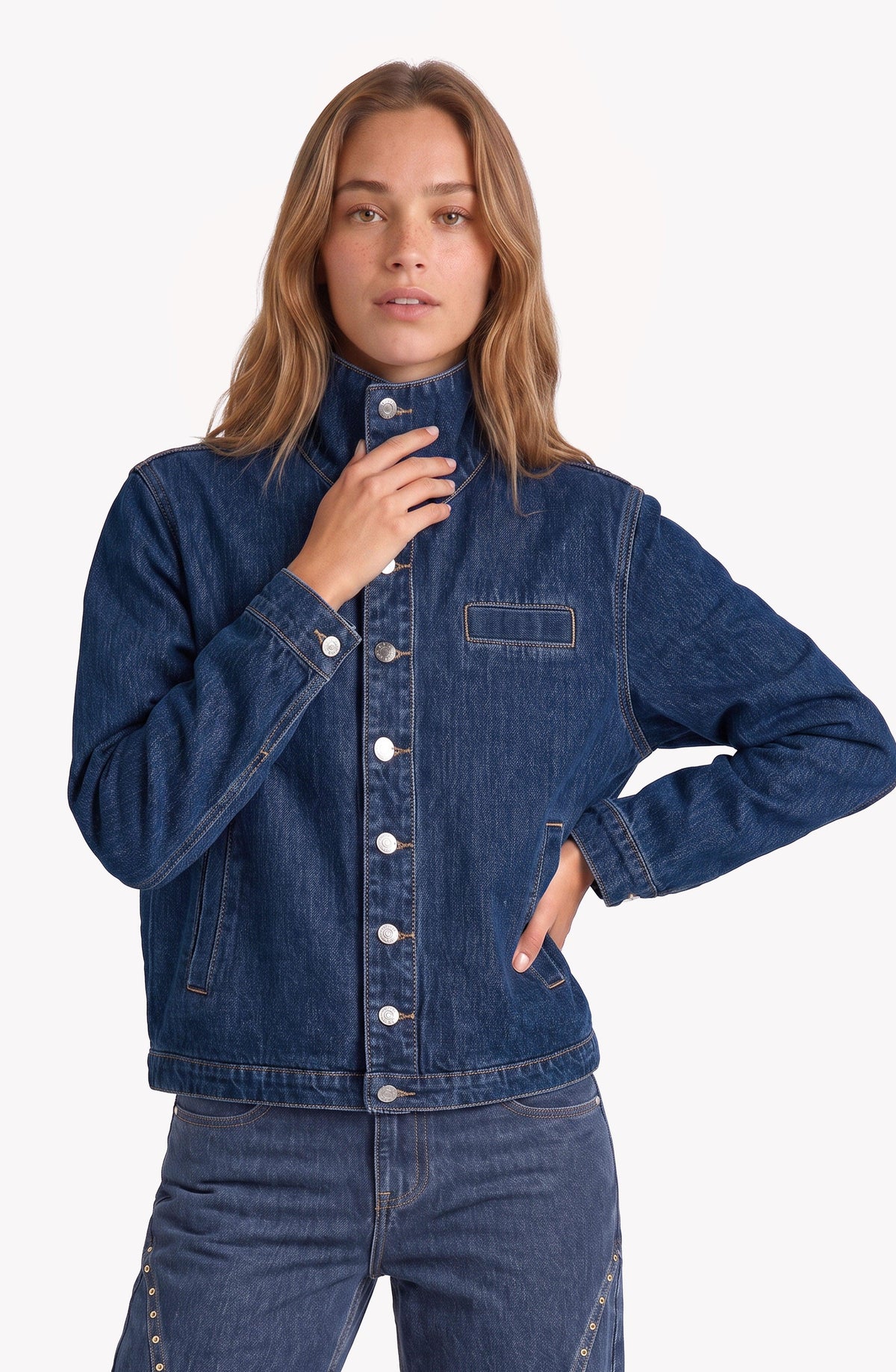 Blue Funnel-Neck Denim Jacket