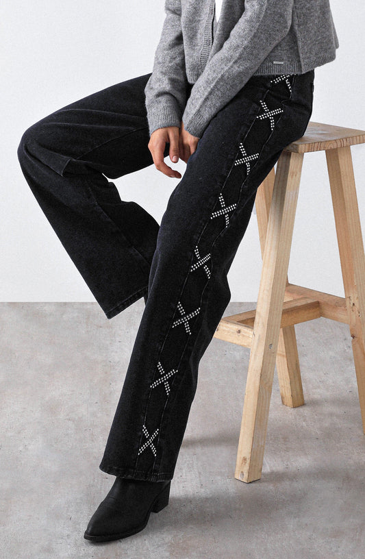 Black Side Stripe Studded Pants