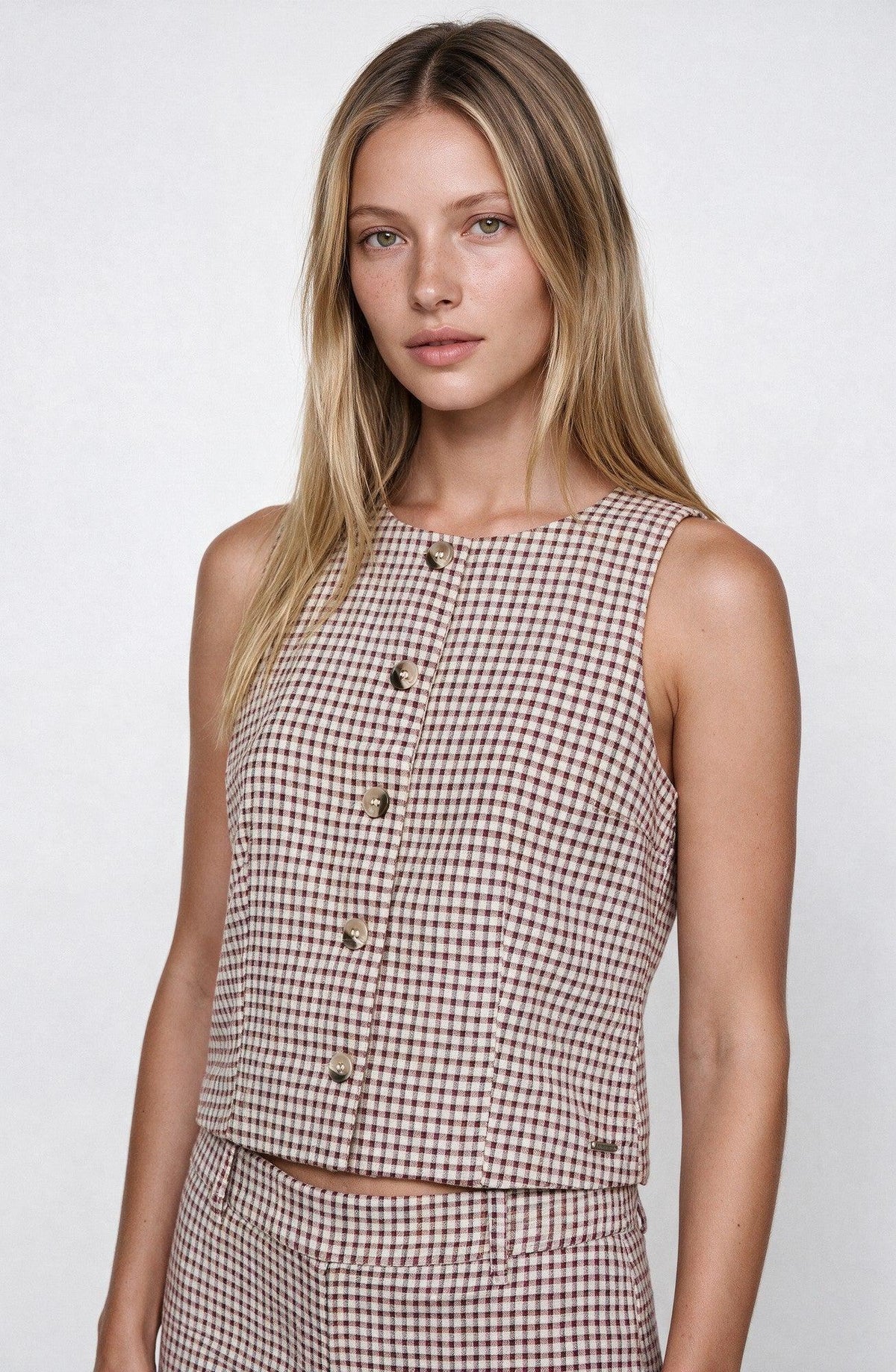 Ecru Plaid Print Vest