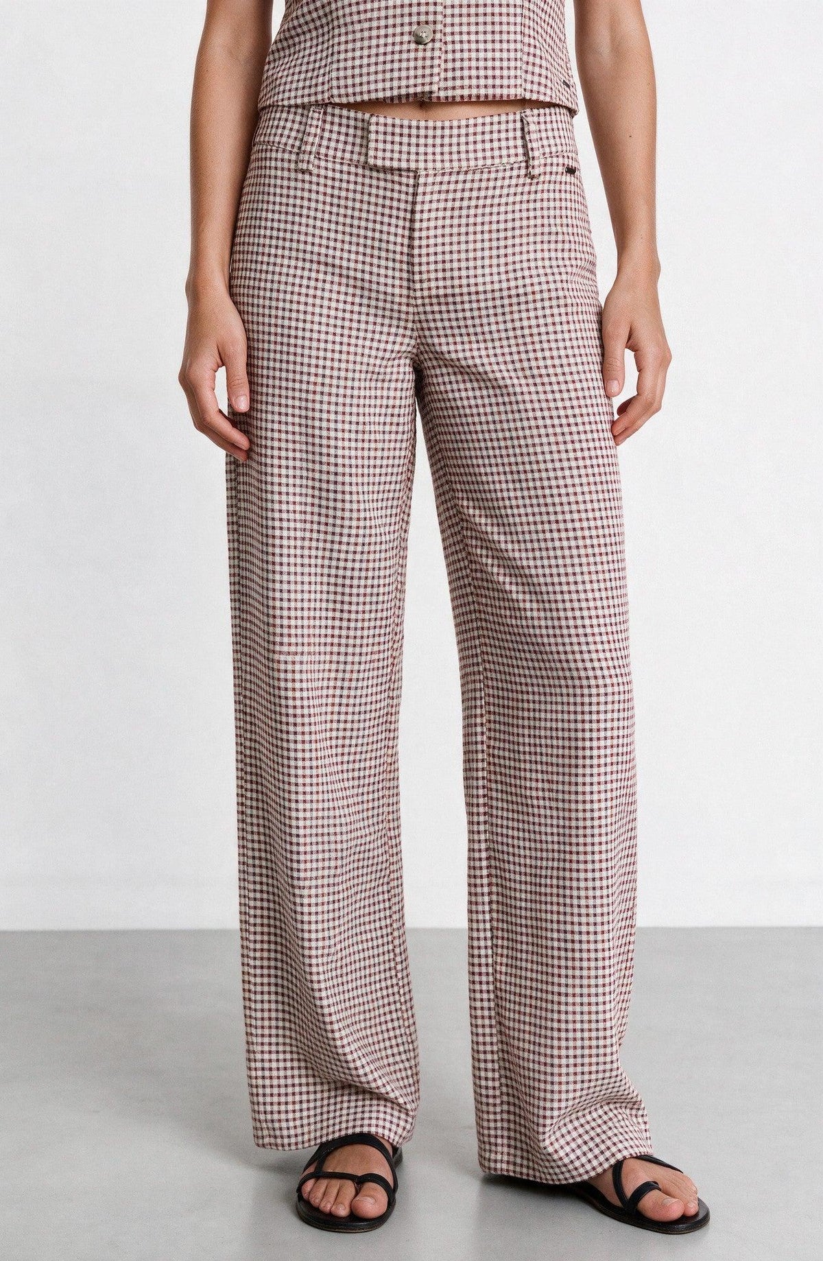 Ecru Plaid-Print Pants