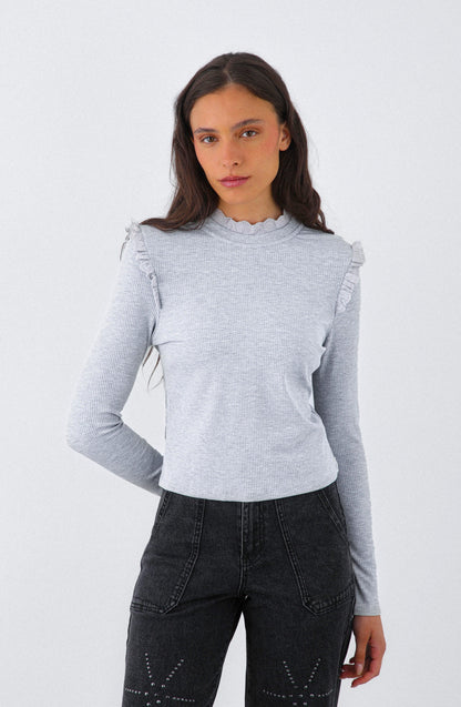 Gray Long Sleeve T-Shirt with Ruffles