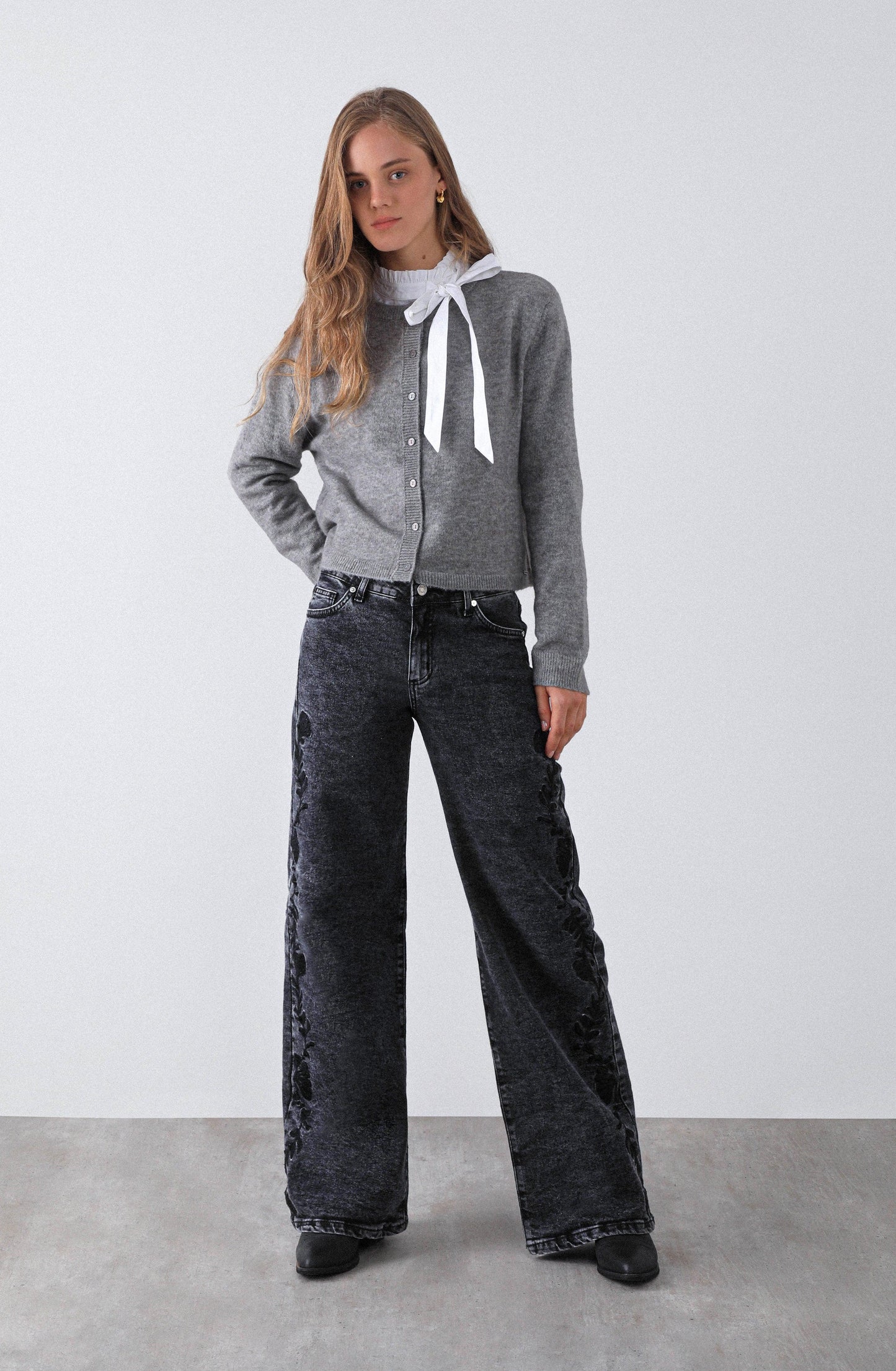 Grey Floral Embroidered Pants