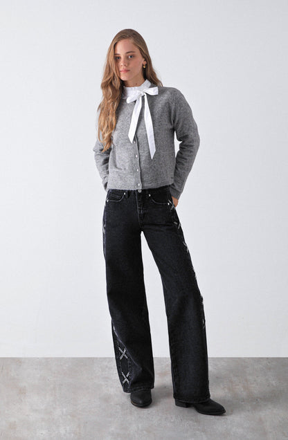 Black Side Stripe Studded Pants