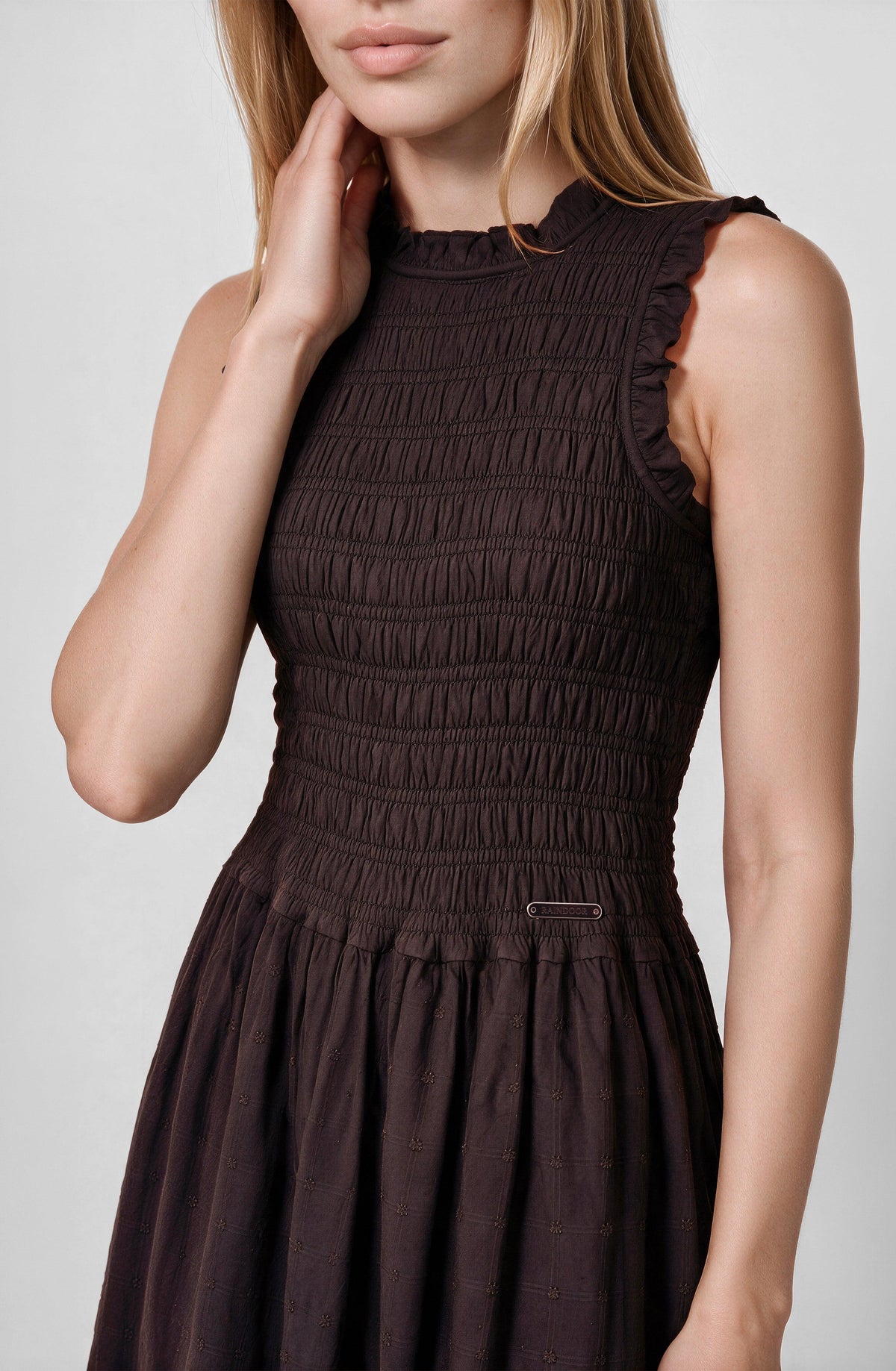 Brown Sleeveless Smocked Dress