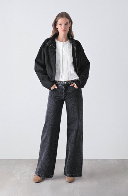 Wide Leg Pants with Eyelet Waistband Black