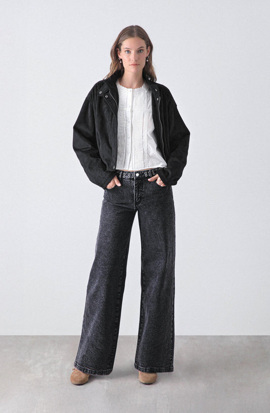 Wide Leg Pants with Eyelet Waistband Black
