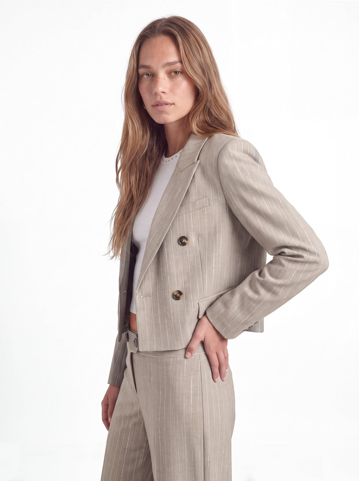 Cropped Beige Lurex Striped Blazer