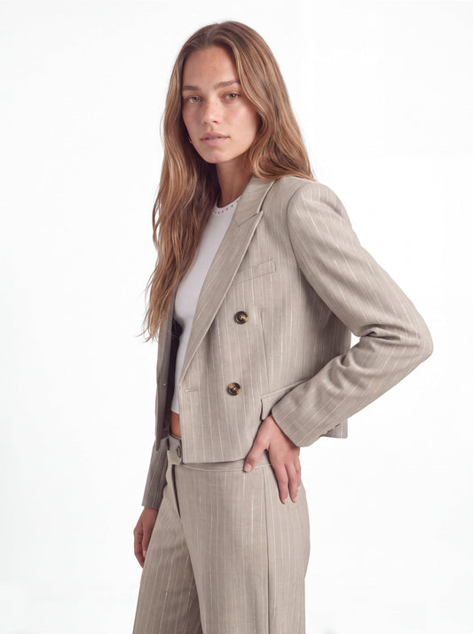 Cropped Beige Lurex Striped Blazer