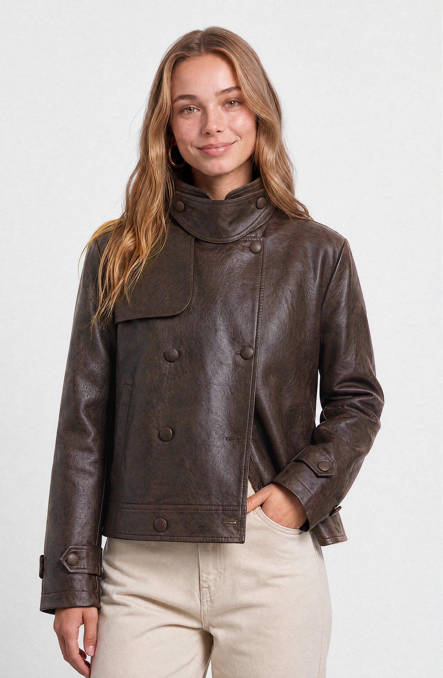 Brown Funnel Neck PU Jacket