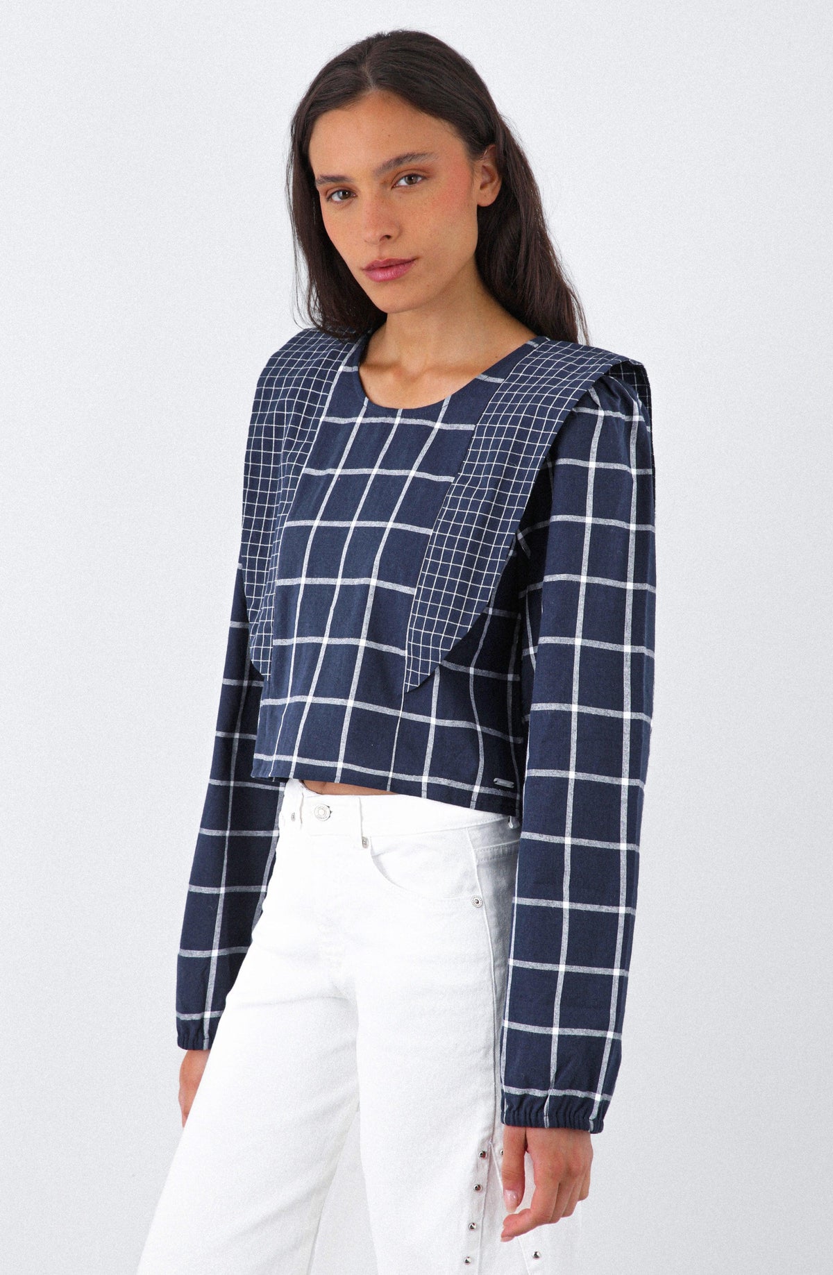 Blue Plaid Blouse with Ruffles