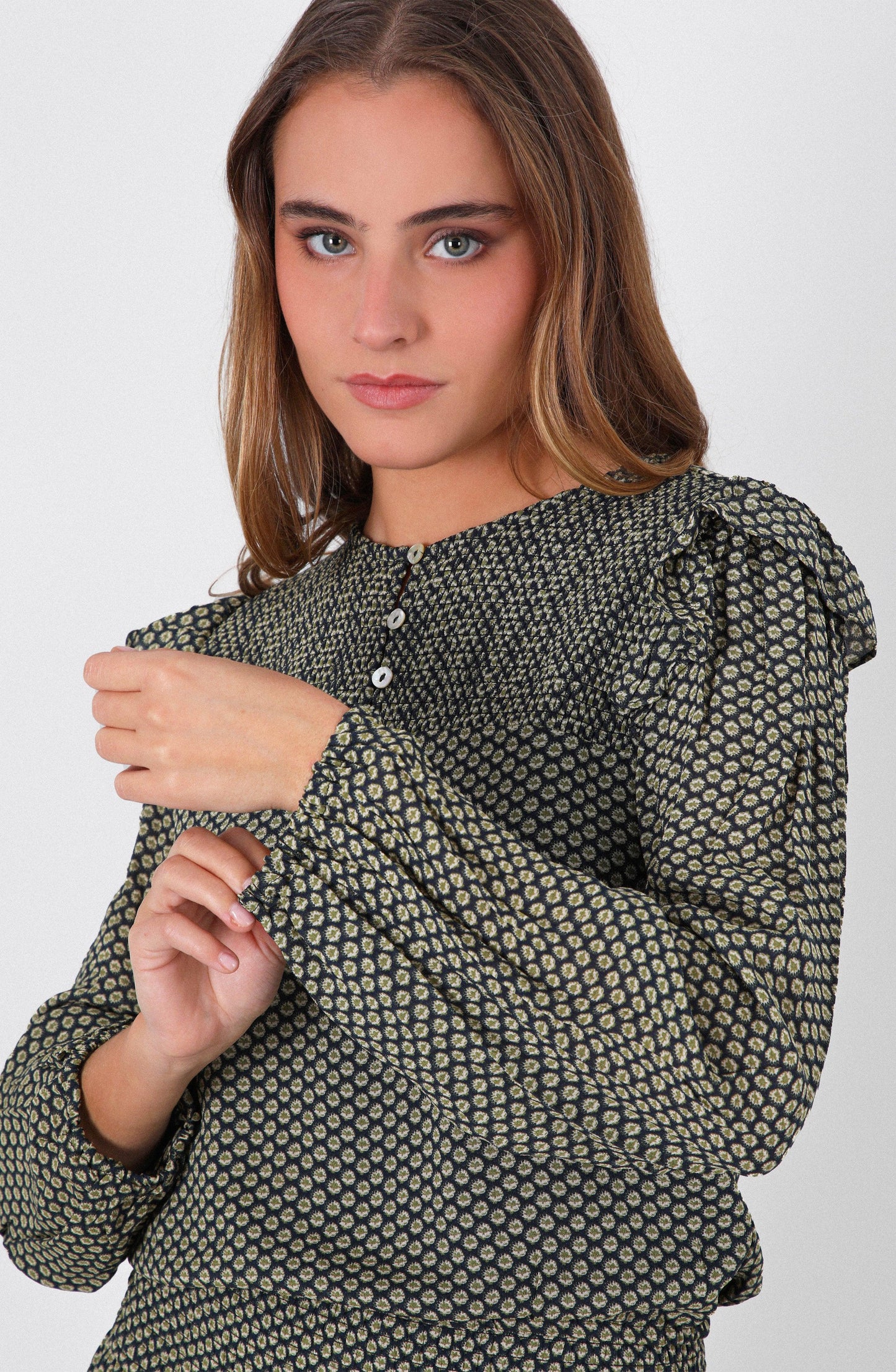 Navy Lurex Print Flowy Blouse