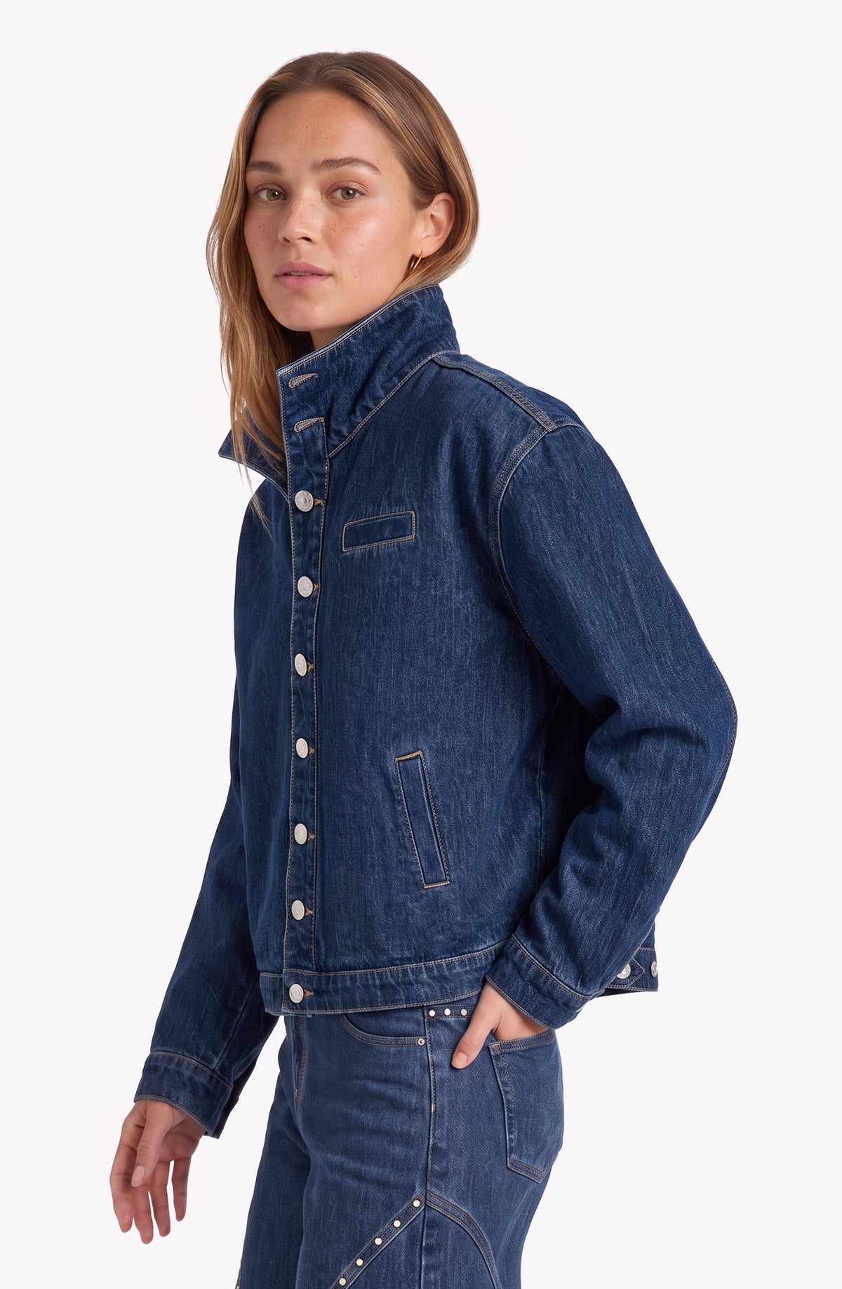 Blue Funnel-Neck Denim Jacket