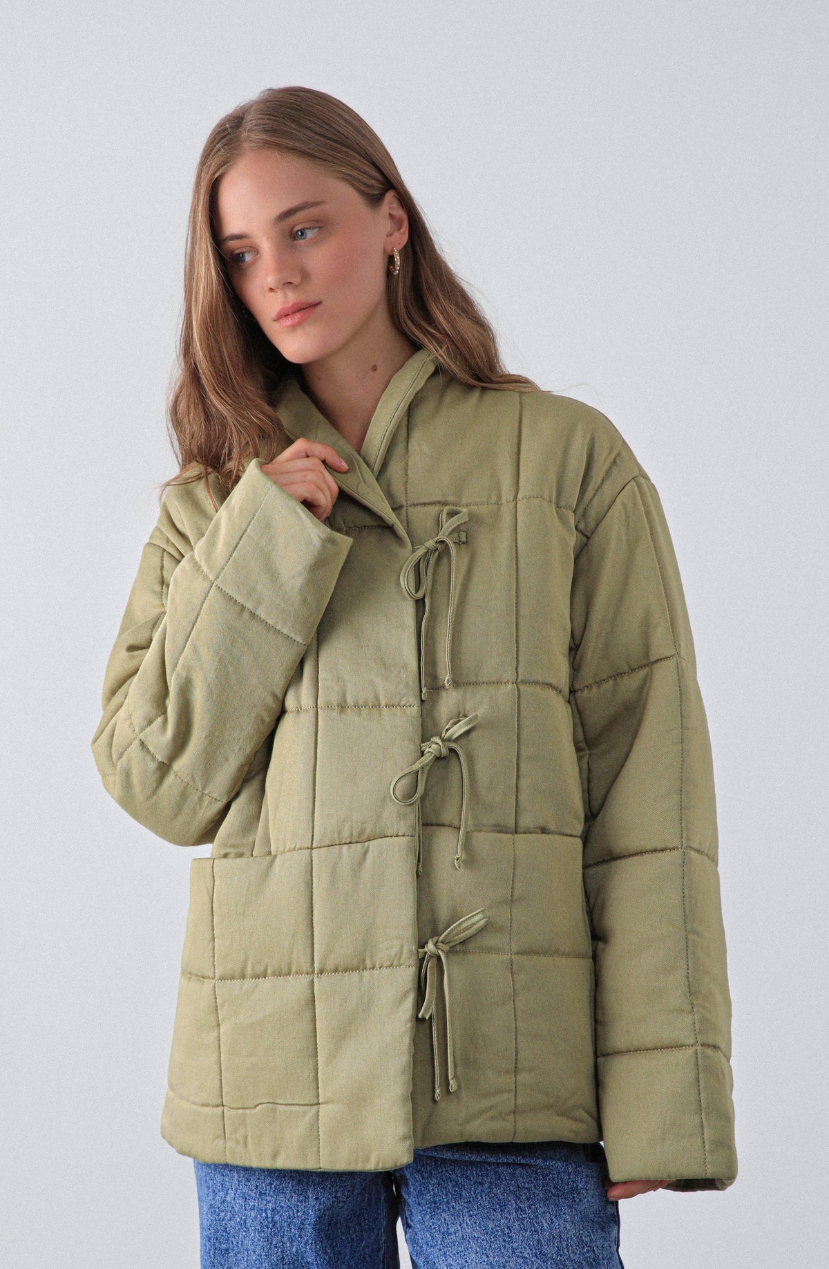 Pistachio Quilted Jacket with Ribbons