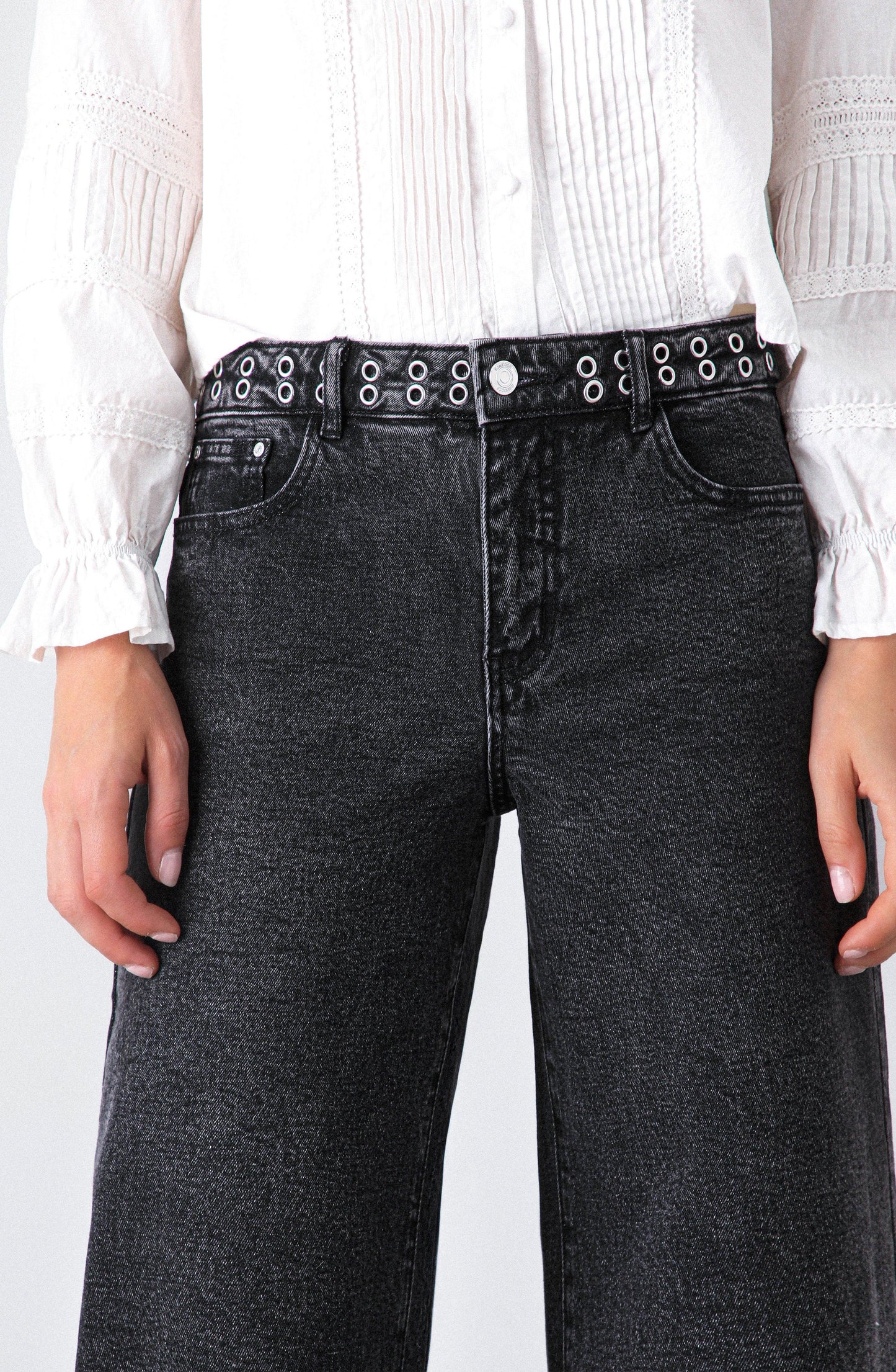 Wide Leg Pants with Eyelet Waistband Black