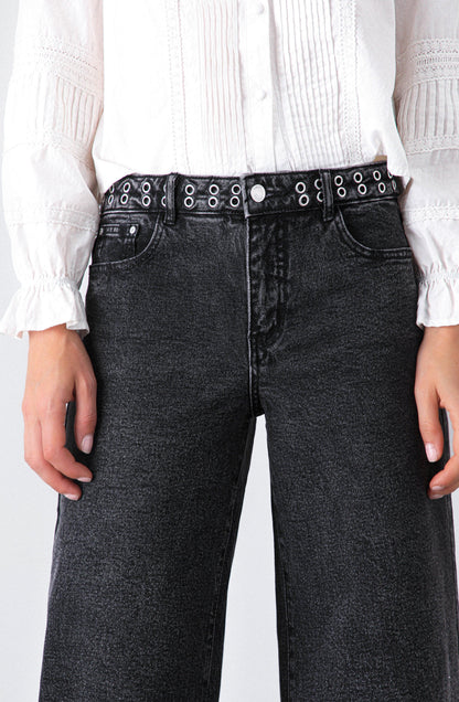 Wide Leg Pants with Eyelet Waistband Black