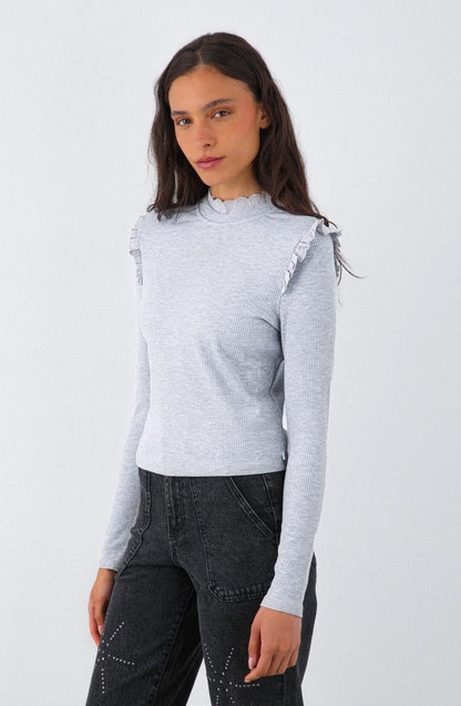 Gray Long Sleeve T-Shirt with Ruffles