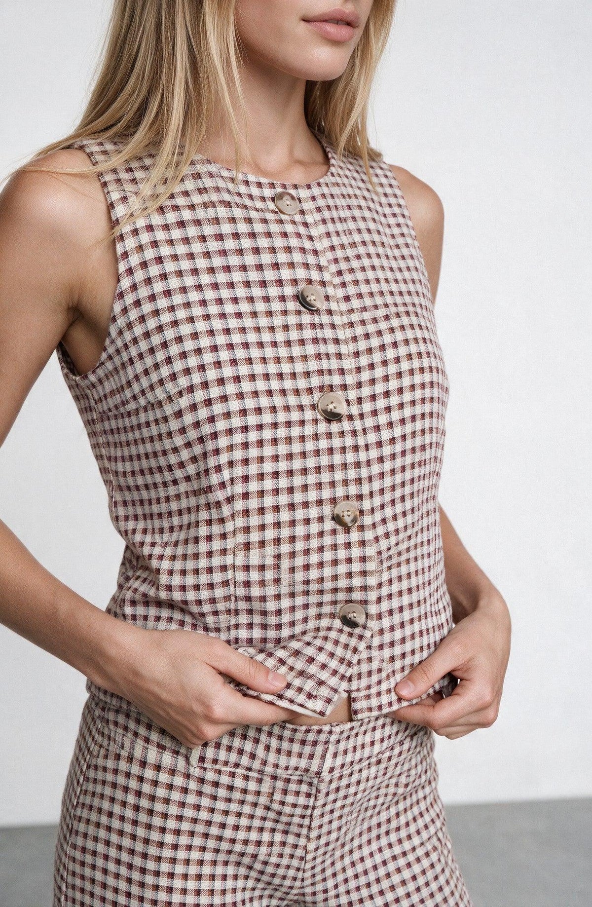Ecru Plaid Print Vest