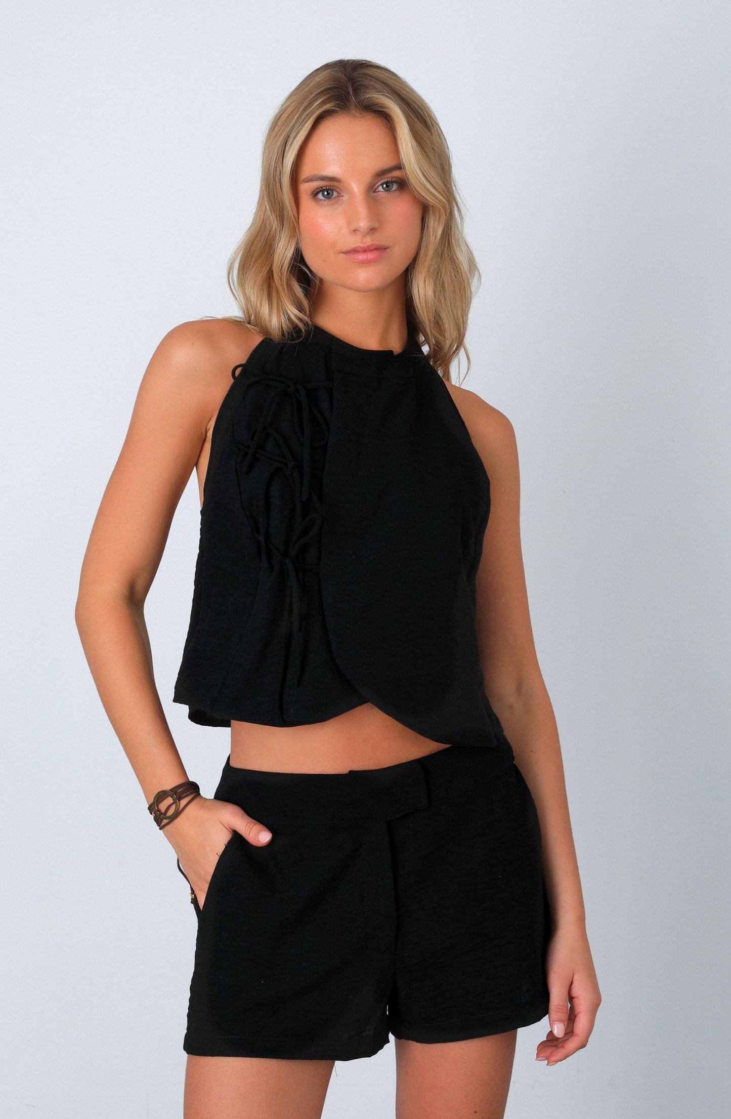 Black Linen Halter Top with Knots