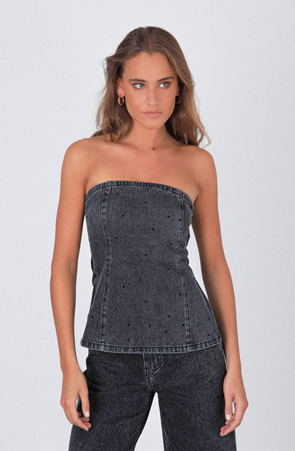 Black Strapless Rhinestone Top