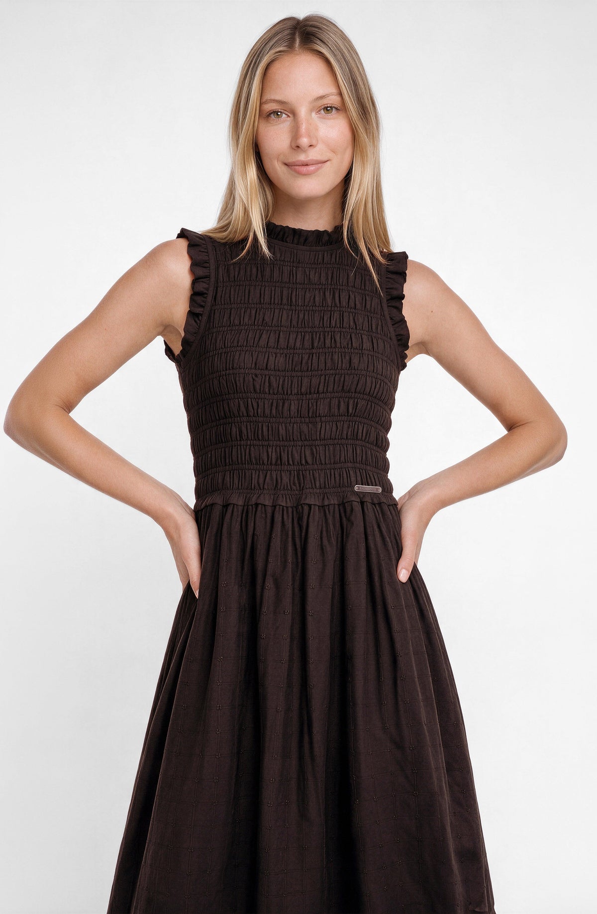 Brown Sleeveless Smocked Dress