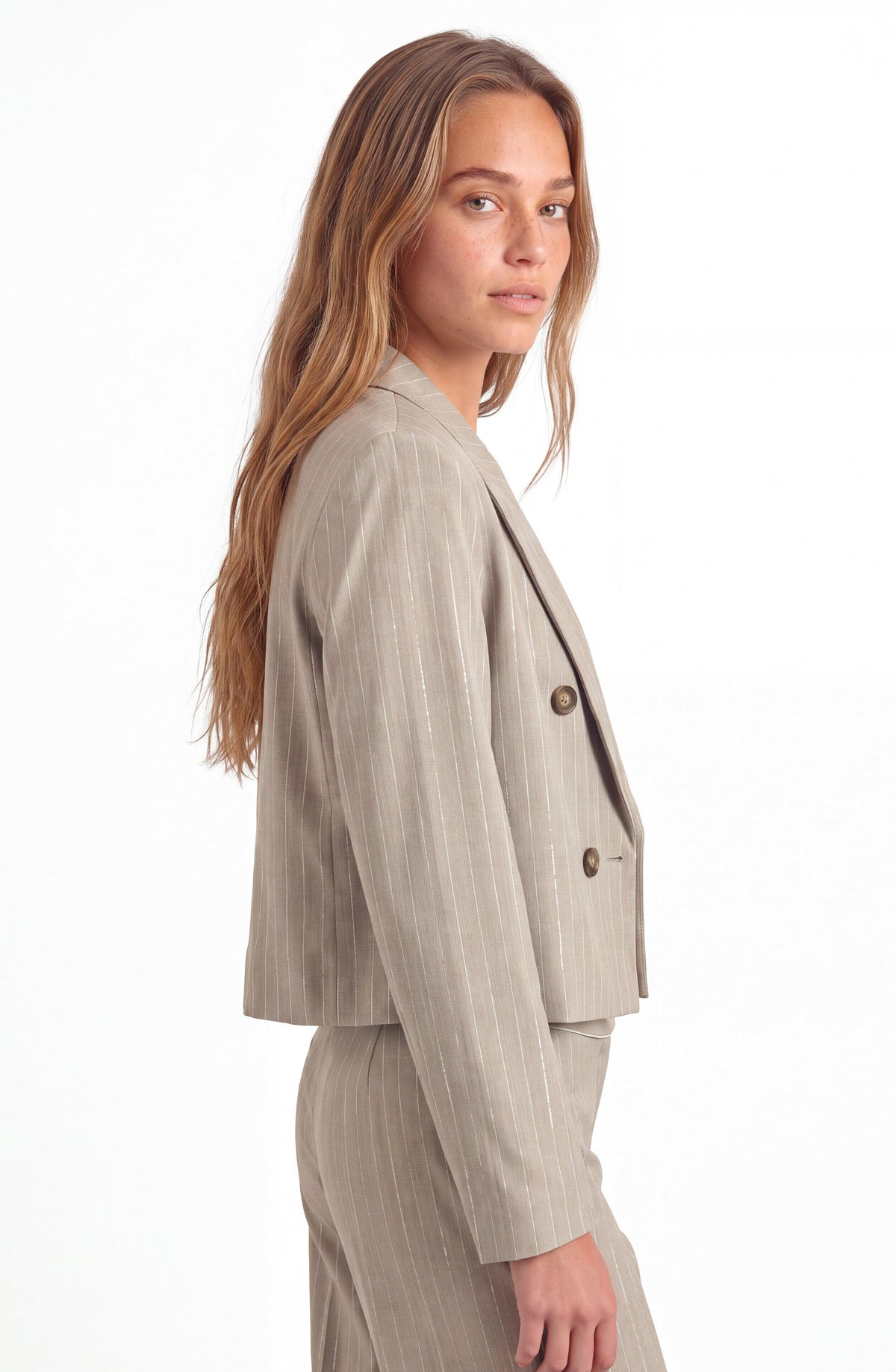 Cropped Beige Lurex Striped Blazer