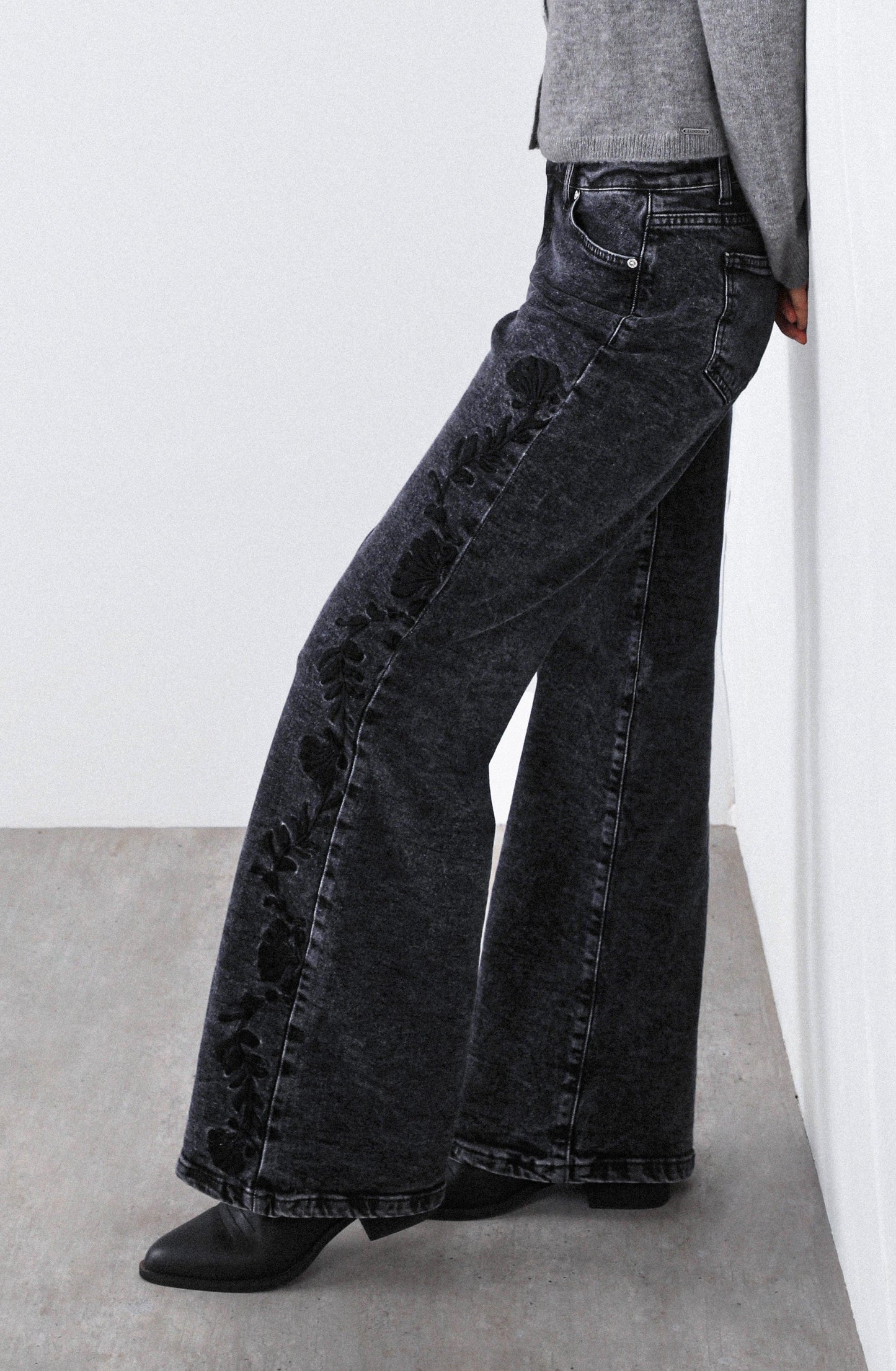 Grey Floral Embroidered Pants