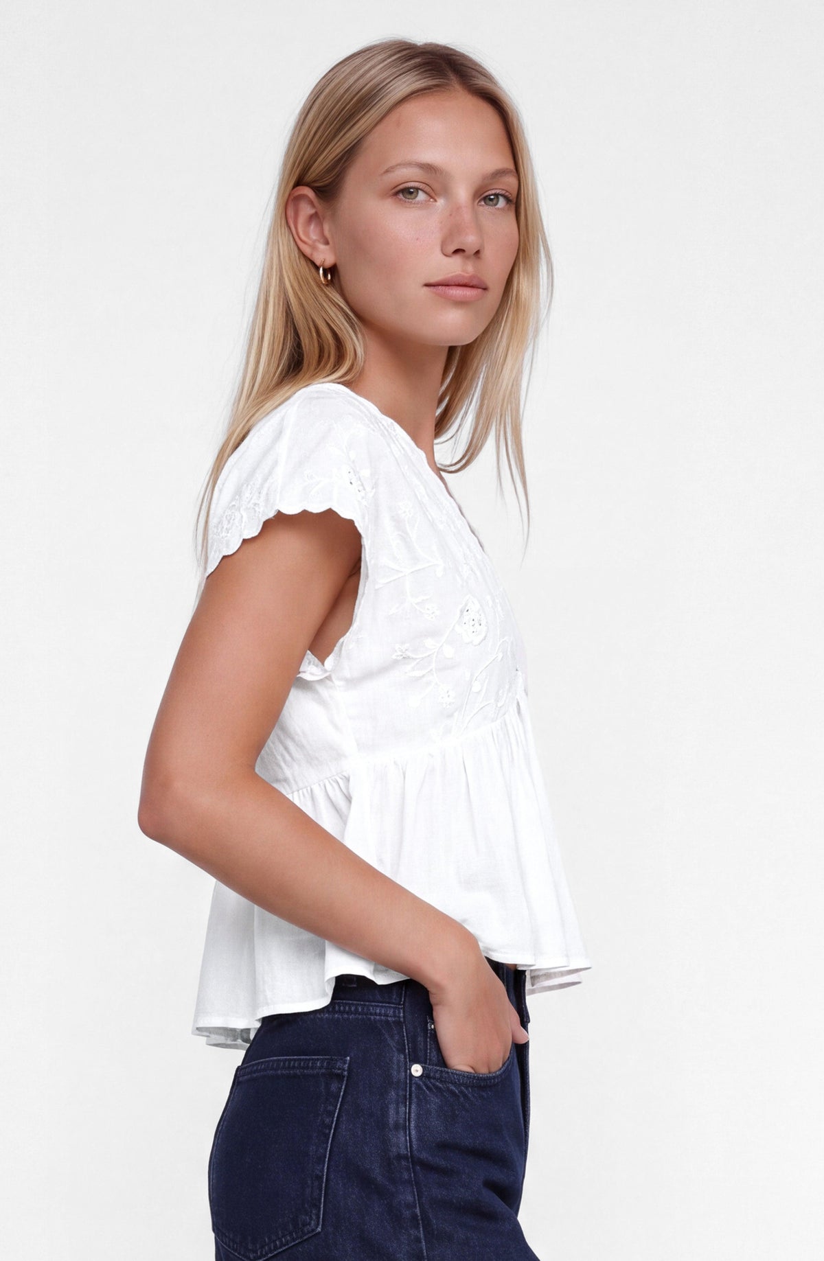 White Embroidered Square-Neck Top