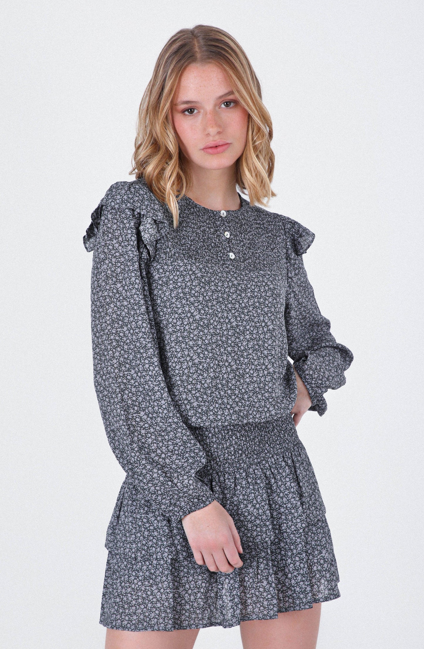 Grey Lurex Printed Flowy Blouse
