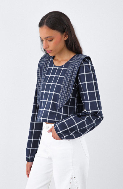 Blue Plaid Blouse with Ruffles