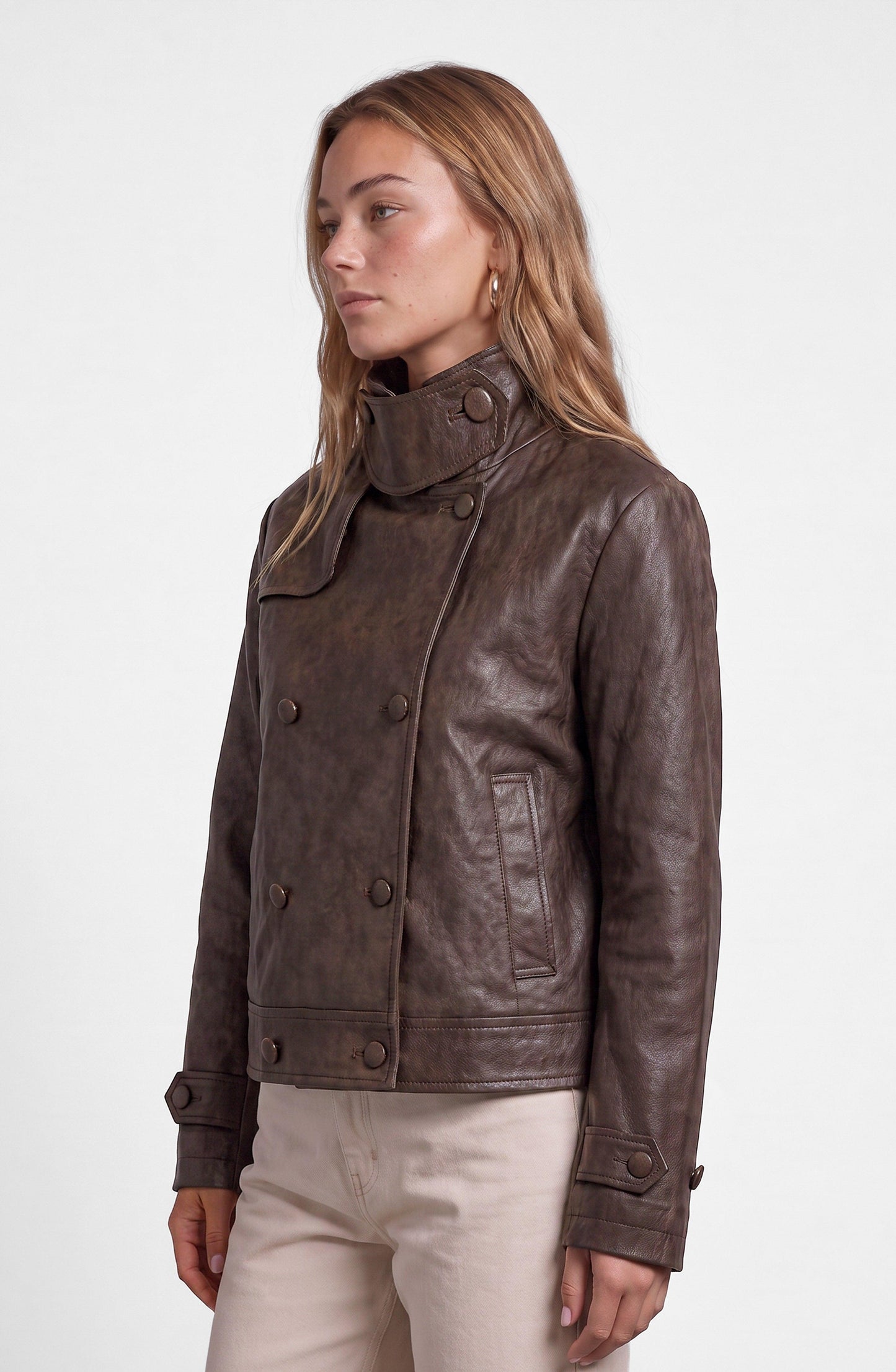 Brown Funnel Neck PU Jacket
