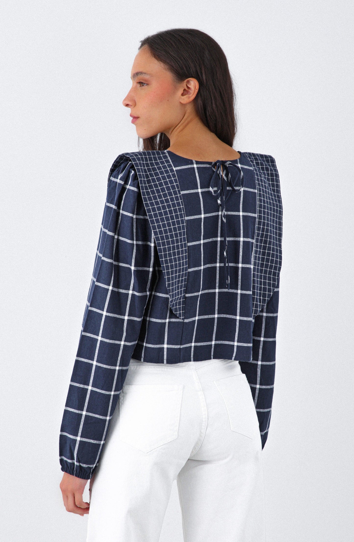 Blue Plaid Blouse with Ruffles