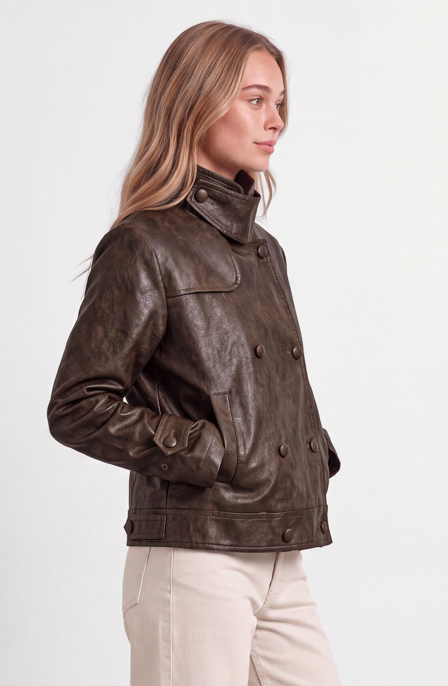 Brown Funnel Neck PU Jacket