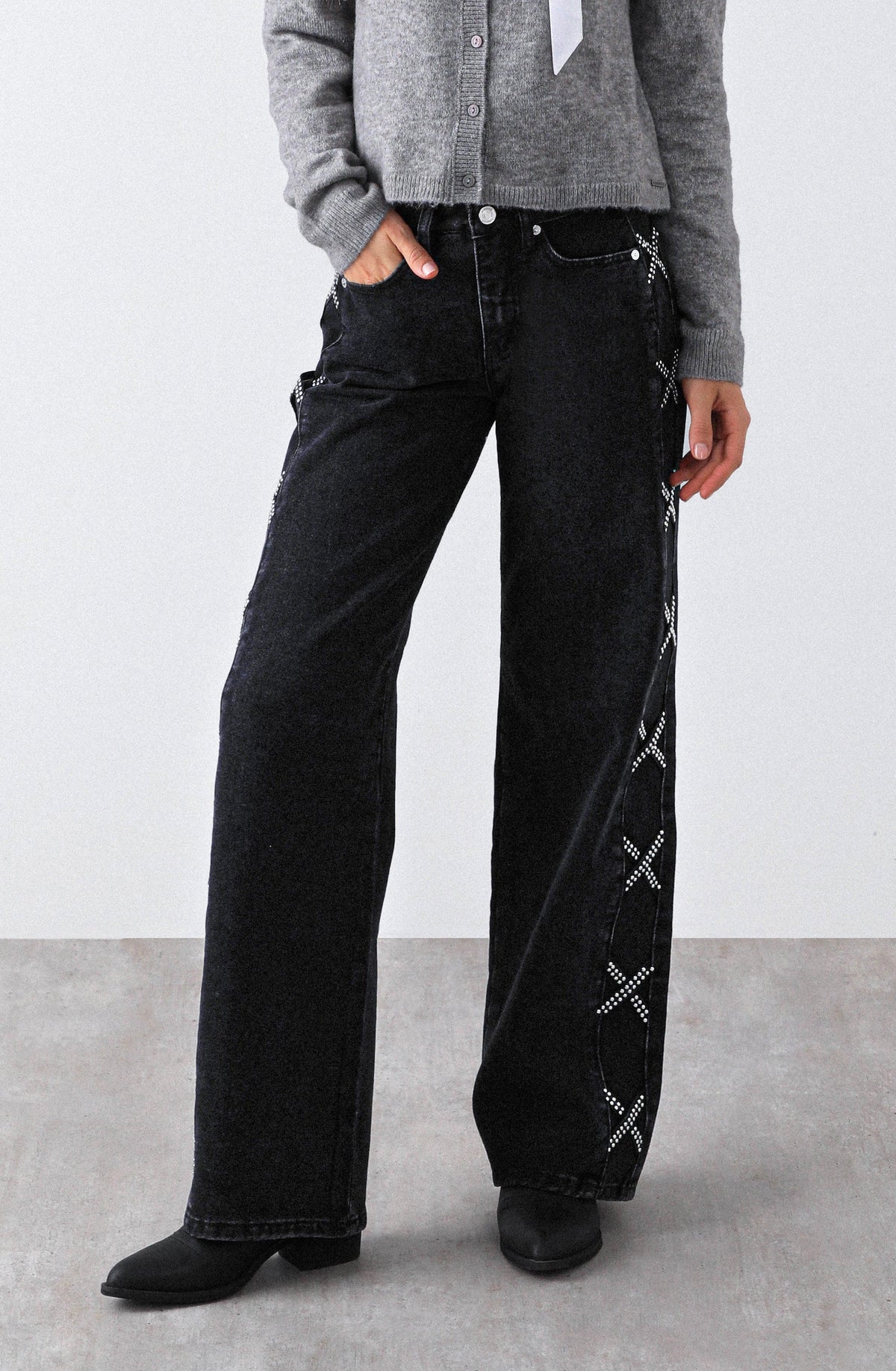 Black Studded Side-Stripe Pants