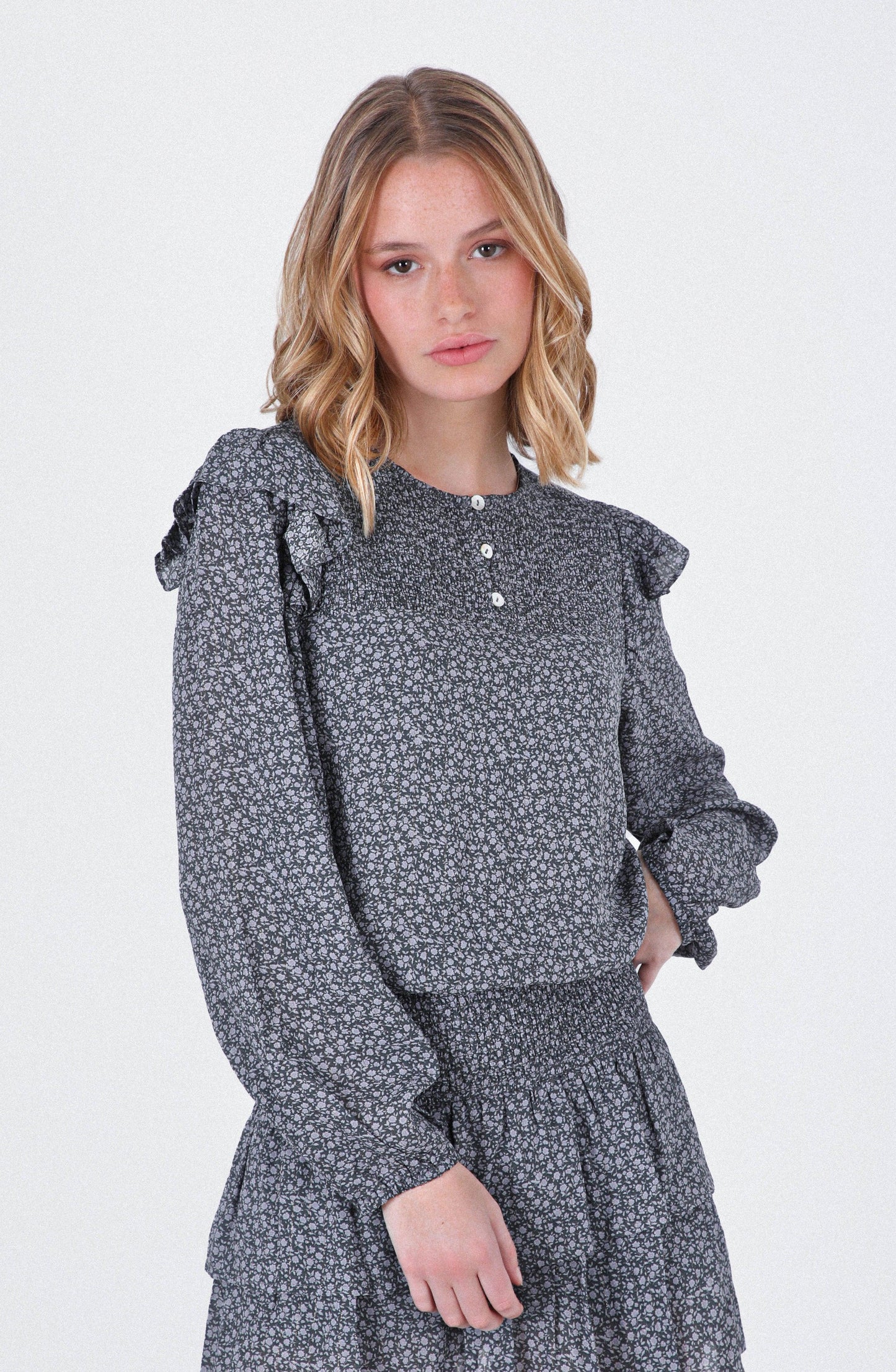 Grey Lurex Printed Flowy Blouse