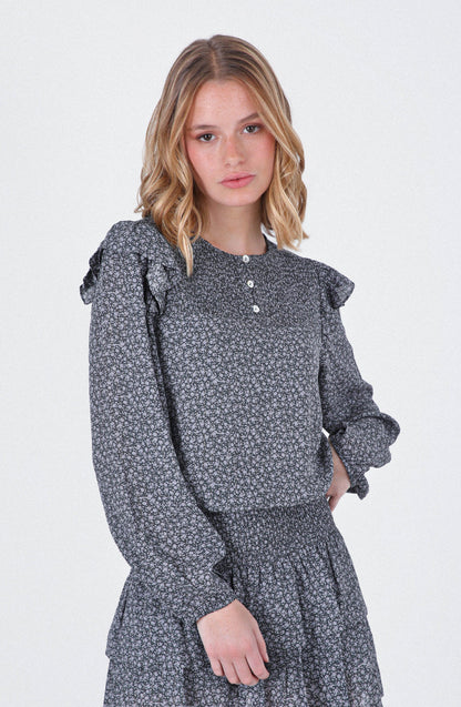 Grey Lurex Printed Flowy Blouse