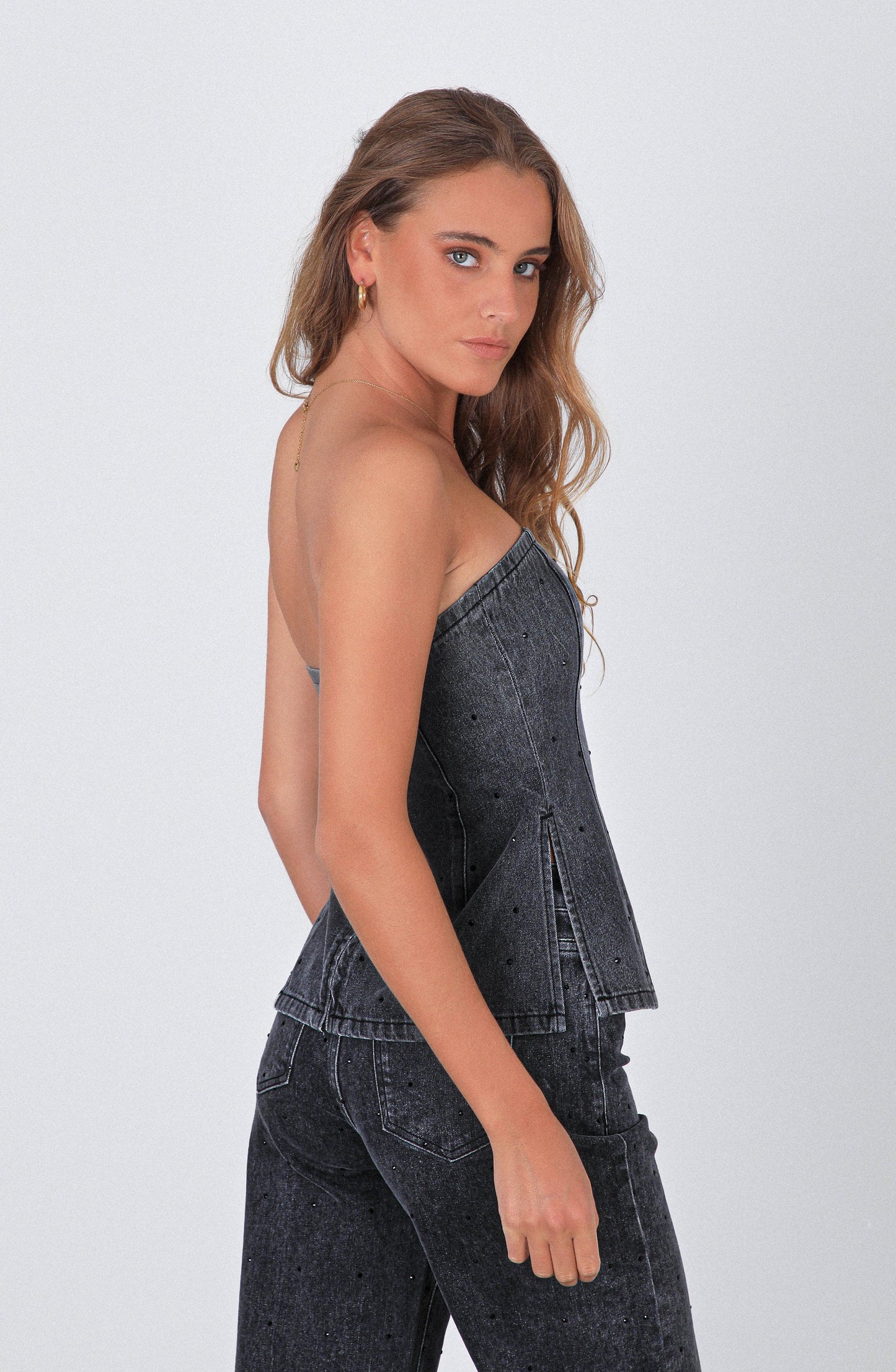 Black Strapless Rhinestone Top
