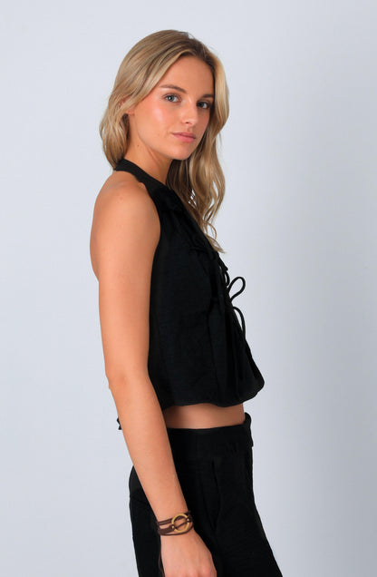 Black Linen Halter Top with Knots