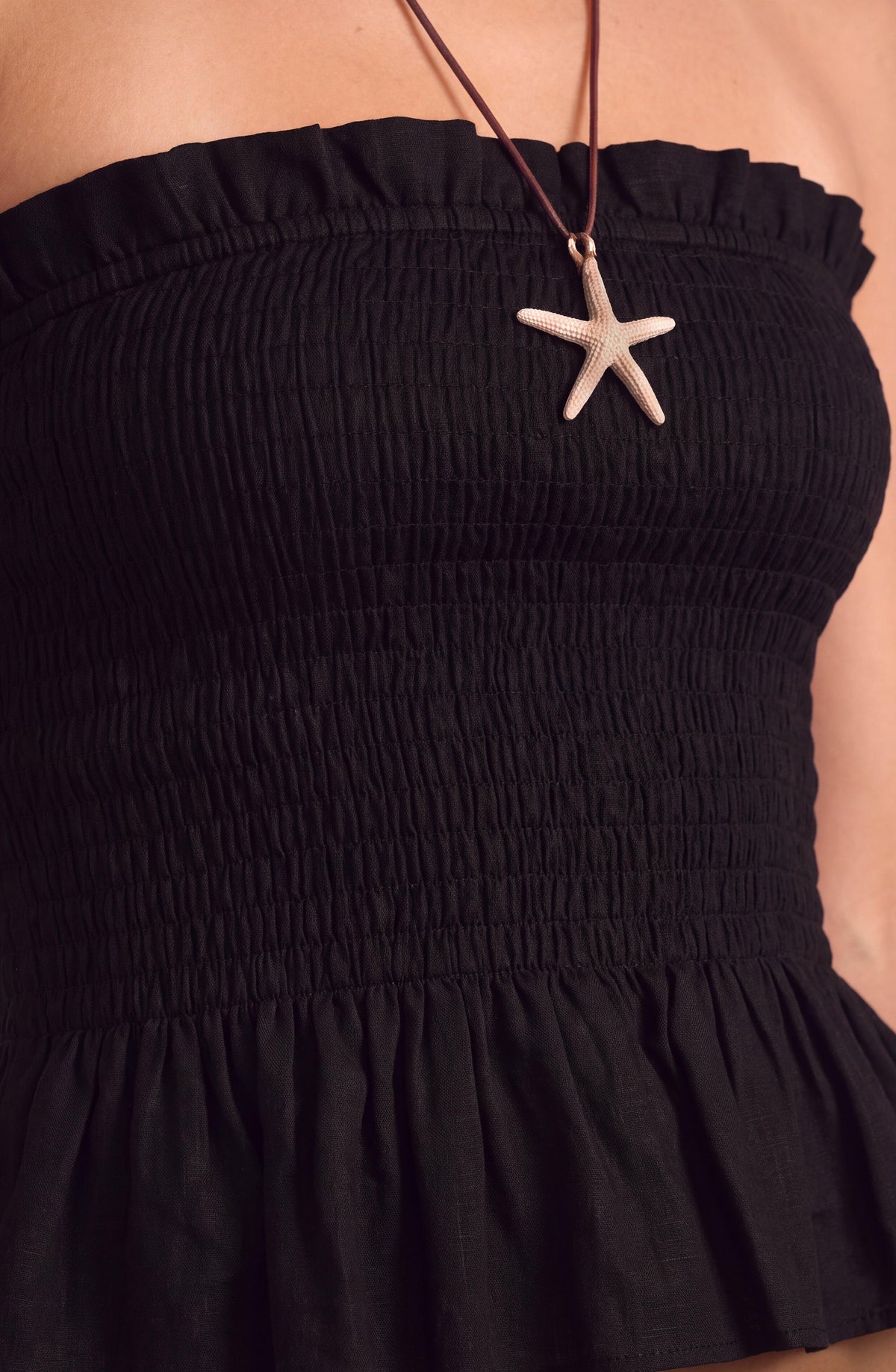 Black Strapless Smocked Top